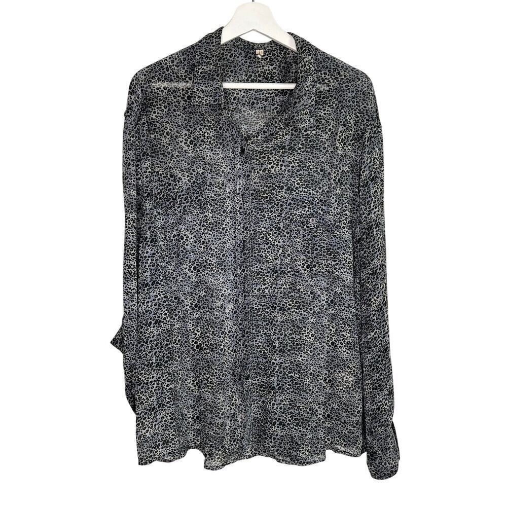 IRO Daria Silk Leopard Print Long Sleeve Button-Up Tunic Shirt Blue/Black 3 / M
